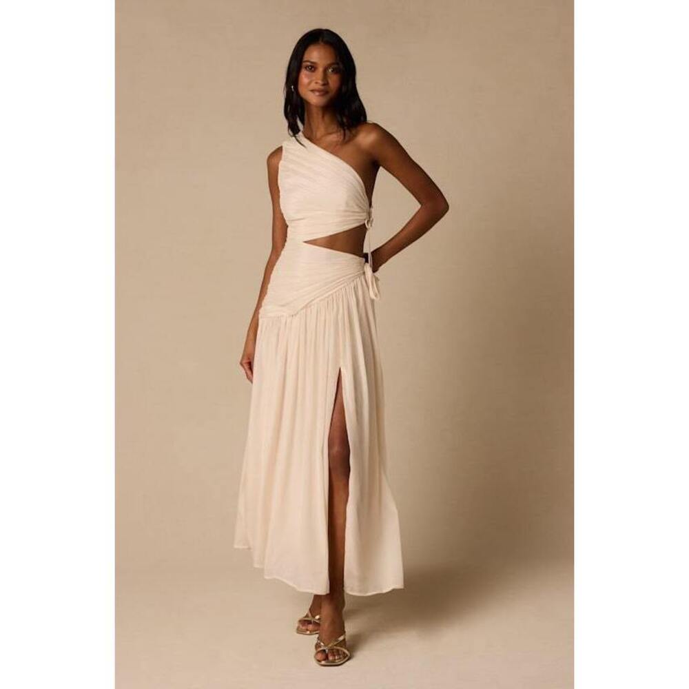 Lulus Vega Light Beige Pleated Asymmetrical Cutout Maxi Dress - Size M